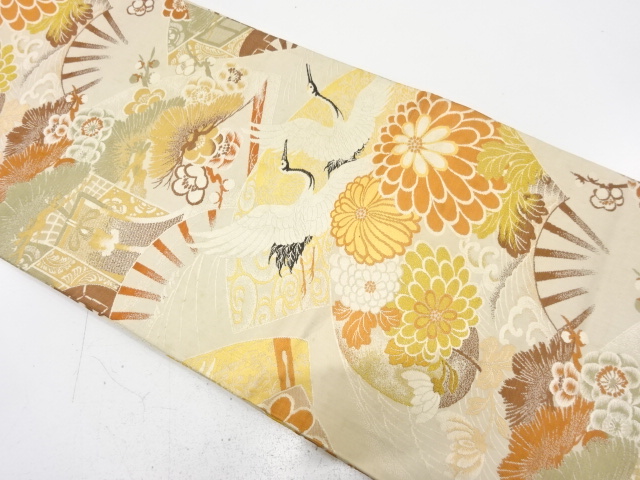 アンティーク　扇に鶴・花模様織り出し丸帯（材料）